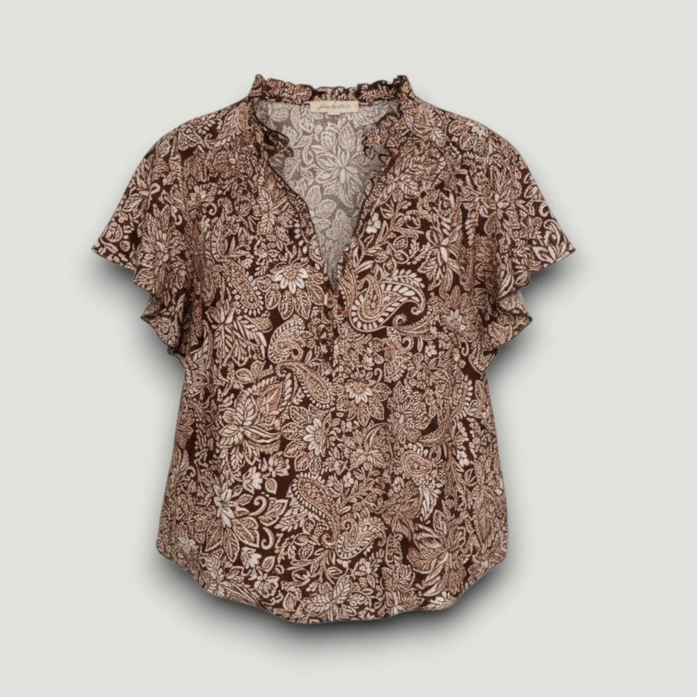 Joie de Vivre Blouse Womens 2X Brown Cream Paisley Flutter Sleeve Relaxed Plus